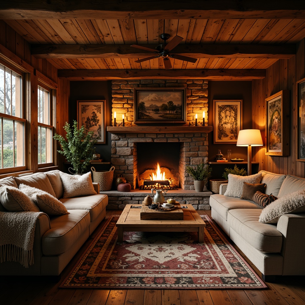 Prompt: Cozy cabin, rustic wooden walls, plush throw blankets, woven baskets, natural fiber rugs, earthy color palette, warm candle lighting, crackling fireplace, comfortable seating areas, oversized pillows, soft velvety upholstery, chunky knitted textiles, cable-knit sweaters, Sherpa-lined jackets, faux fur accents, vintage tapestries, richly patterned quilts, inviting ambiance, 1/2 composition, shallow depth of field, warm golden lighting.