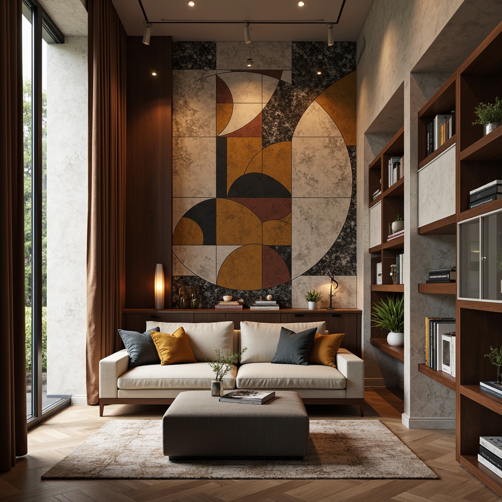 Prompt: Luxurious interior walls, textured finishes, metallic accents, geometric patterns, abstract murals, floor-to-ceiling drapes, statement wallpaper, bold color blocking, natural stone cladding, reclaimed wood panels, minimalist shelving, ambient lighting, soft focus photography, 1/1 composition, shallow depth of field.