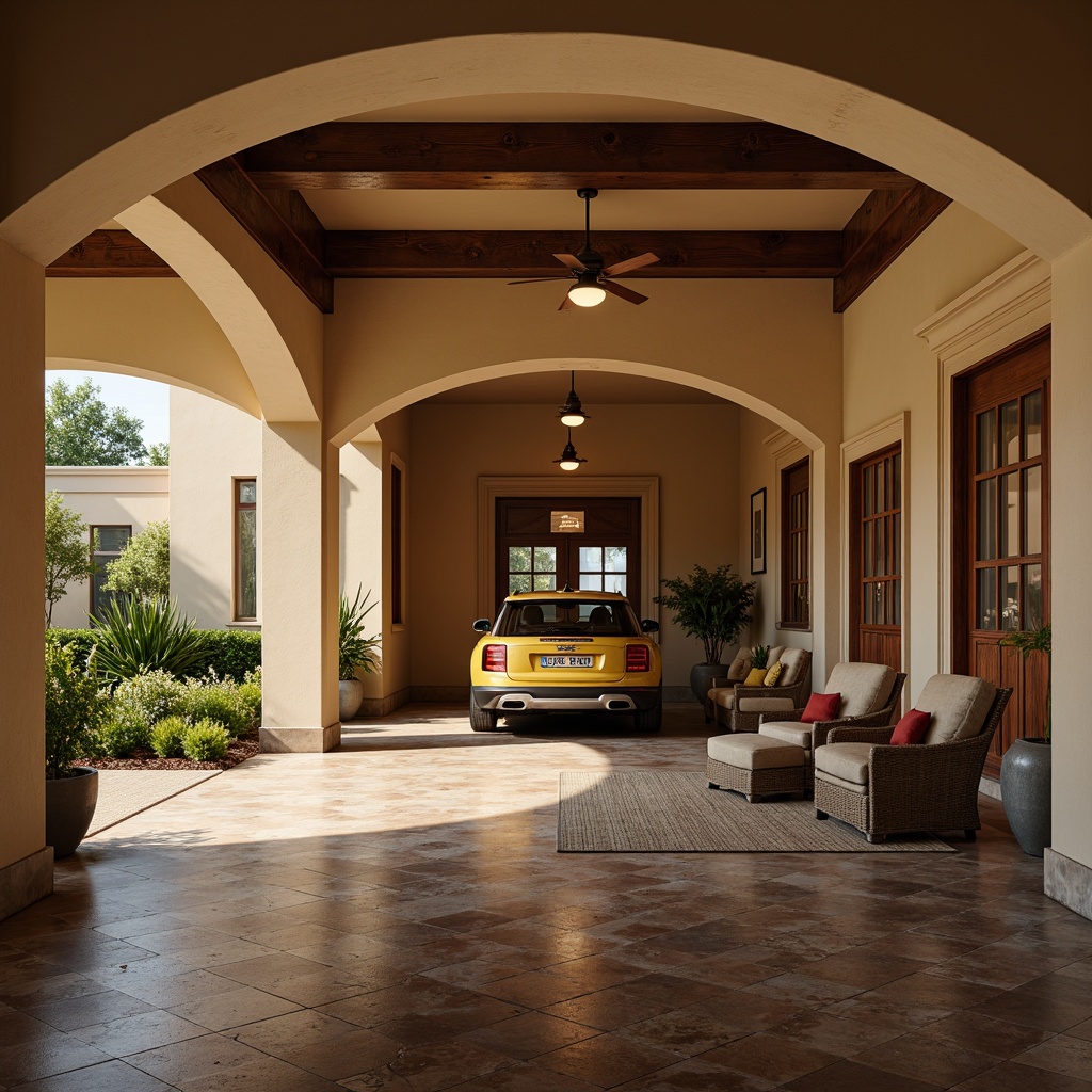 Prompt: Elegant garage interior, classicism style, warm beige walls, rustic wooden accents, traditional ornate details, polished dark hardwood flooring, rich brown wood tones, subtle sheen finish, natural stone textures, earthy color palette, soft warm lighting, shallow depth of field, 1/1 composition, realistic reflections, ambient occlusion.