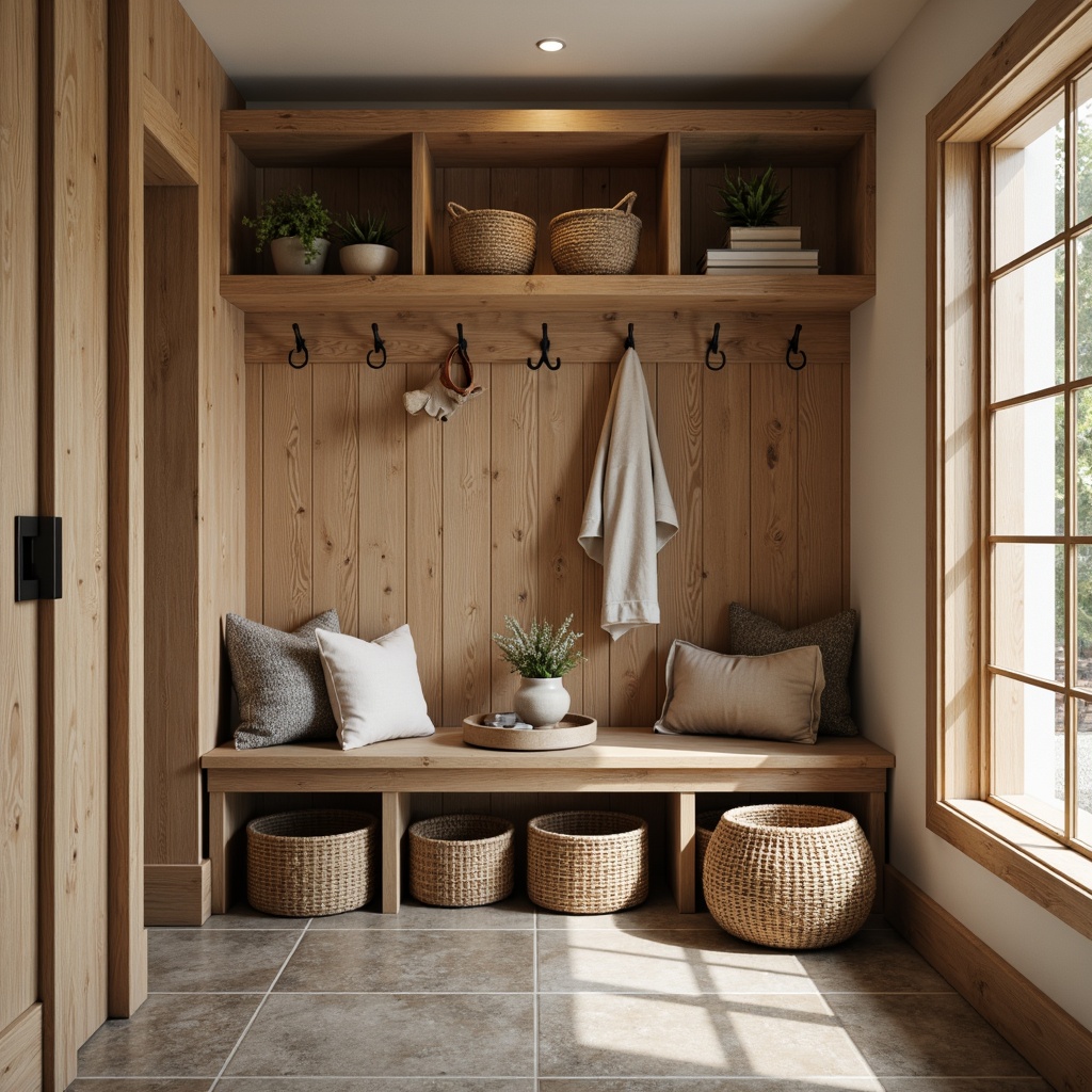 Prompt: Cozy mudroom, natural wood accents, soft warm lighting, industrial metal hooks, woven baskets, neutral color palette, minimalist decor, modern bench seating, rustic stone flooring, functional shelving units, simple decorative accessories, calm atmosphere, shallow depth of field, 1/1 composition, realistic textures, ambient occlusion.