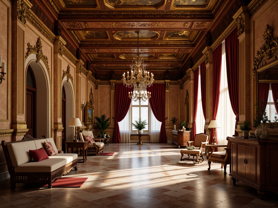 Prompt: Renaissance-inspired interior, ornate furnishings, rich wood tones, polished marble floors, intricate carvings, gilded accents, velvet drapes, ornamental ceilings, crystal chandeliers, warm golden lighting, shallow depth of field, 1/1 composition, realistic textures, ambient occlusion.