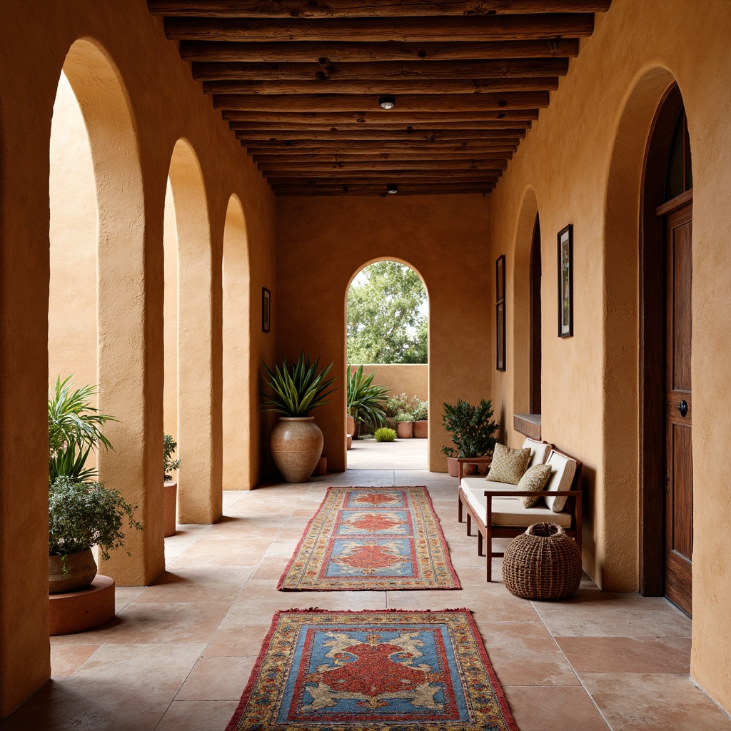 Prompt: Southwestern-style adobe-inspired interior, rustic wooden flooring, distressed wood planks, earthy terracotta tiles, woven natural fiber rugs, vibrant colorful Aztec patterns, warm beige limestone floors, decorative Talavera tile accents, rustic metal door hardware, warm ambient lighting, shallow depth of field, 1/1 composition, realistic textures.