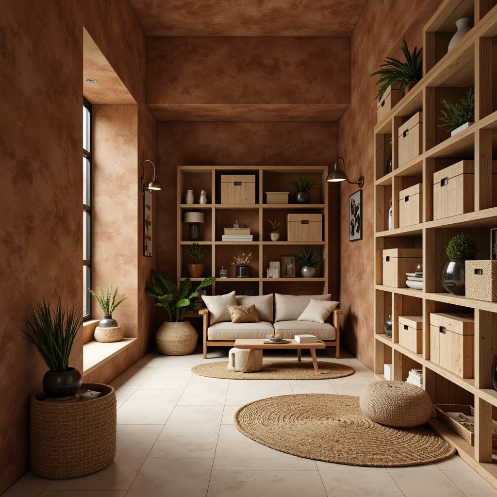 Prompt: Cozy storage room, earthy brown walls, warm beige shelves, rustic wood crates, metallic silver accents, soft cream flooring, natural jute rugs, industrial-style lighting fixtures, minimalist decor, functional furniture pieces, ample vertical storage space, calm atmosphere, gentle warm lighting, shallow depth of field, 1/1 composition, realistic textures.