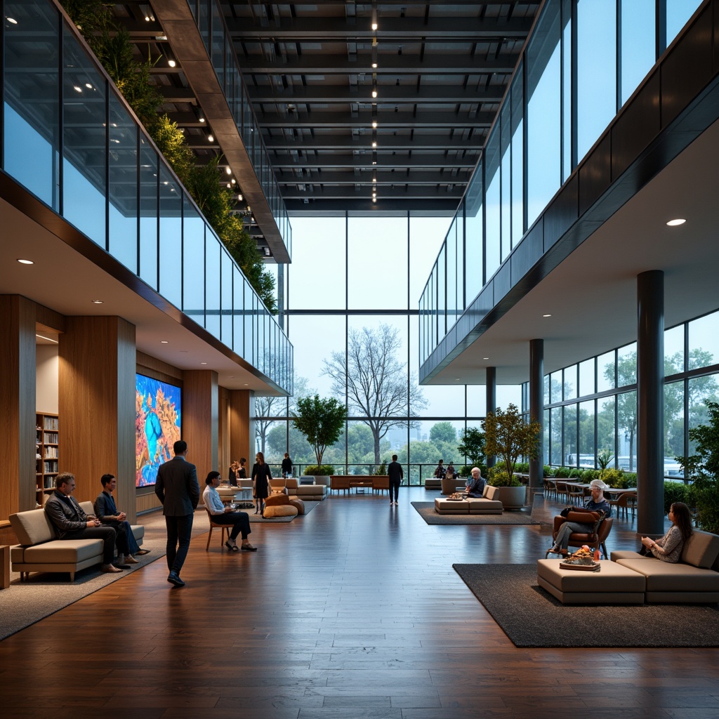 Prompt: Spacious open layout, minimalist decor, abundant natural light, polished wooden floors, sleek metal pillars, curved glass partitions, collaborative workspaces, ergonomic seating, interactive digital displays, futuristic multimedia projections, immersive virtual reality experiences, ambient soft lighting, shallow depth of field, 3/4 composition, panoramic view, realistic textures, subtle animations.