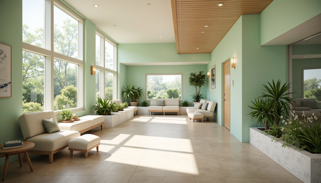 Prompt: \Soothing rehabilitation center, calming atmosphere, gentle natural light, pastel green walls, creamy white furniture, warm beige floors, comfortable seating areas, lush indoor plants, peaceful water features, subtle wood accents, minimalist decor, soft blue hues, calming textures, serene ambiance, natural stone elements, spacious open layout, abundant daylight, warm color temperatures, relaxing artwork, gentle color transitions, 1/2 composition, soft focus, realistic rendering.\