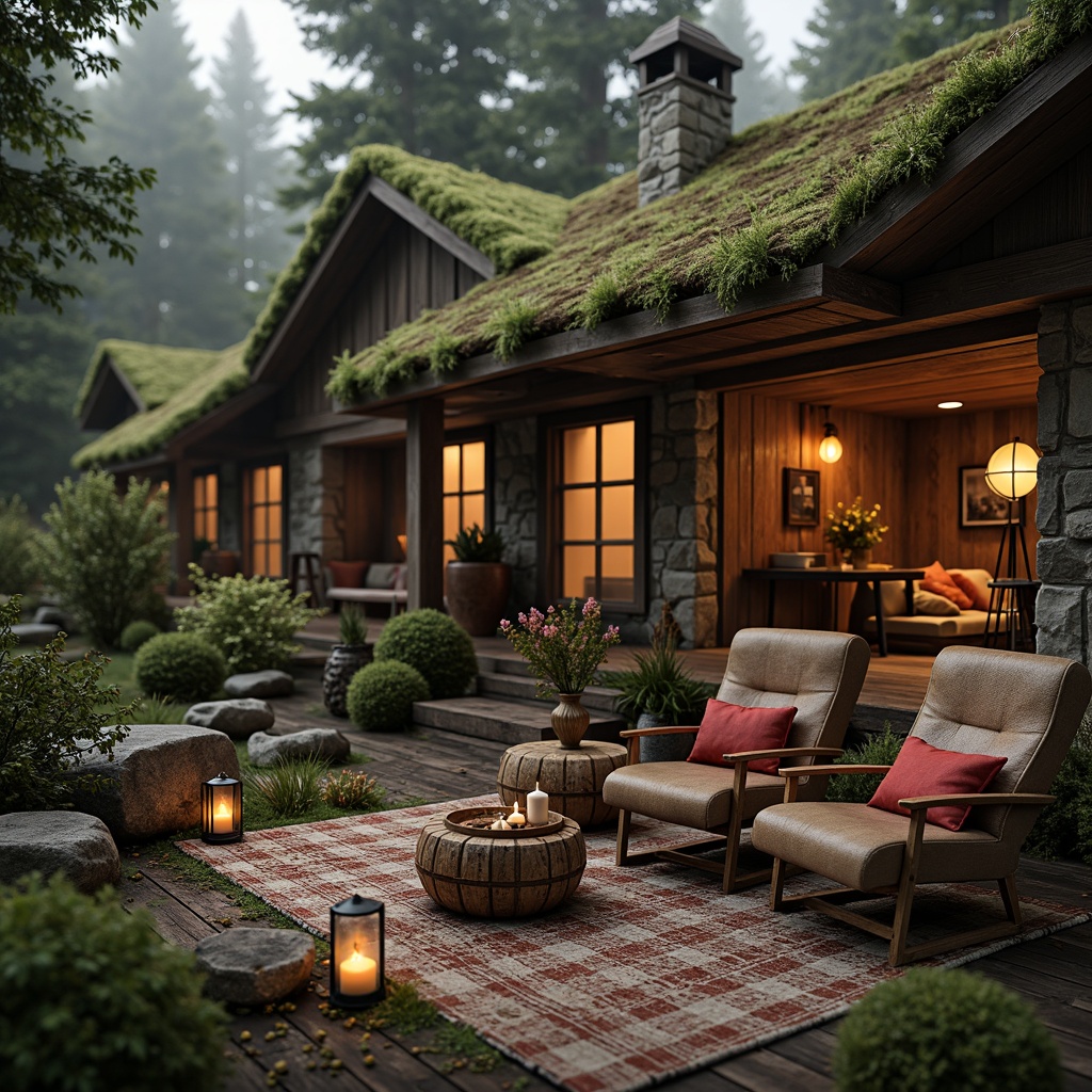 Prompt: Rustic wooden cabin, earthy tones, weathered wood accents, vintage metal decorations, warm candlelight, cozy atmosphere, rich leather textures, natural stone walls, moss-covered roofs, misty forest surroundings, soft diffused lighting, shallow depth of field, 2/3 composition, cinematic camera angles, nostalgic color grading, warm beige, earthy brown, moss green, weathered wood gray, muted crimson red.