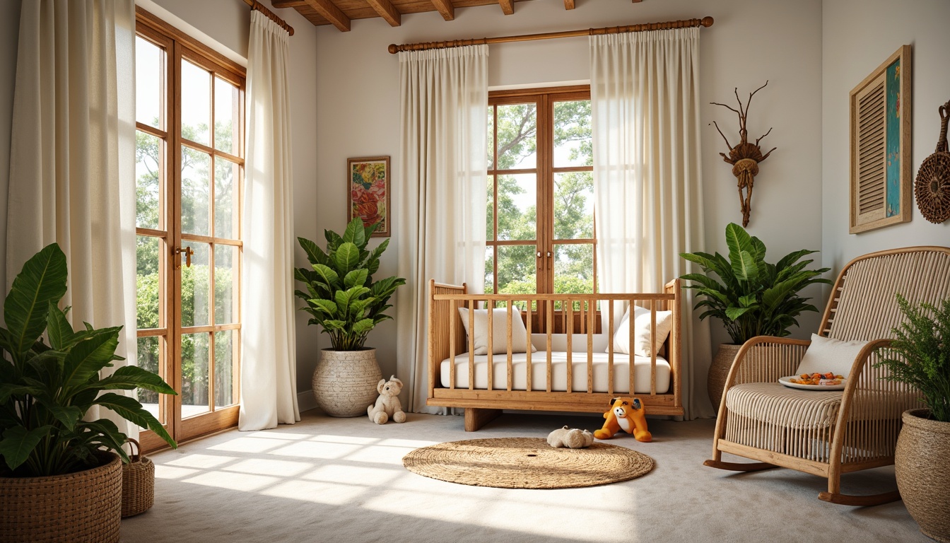 Prompt: Tropical baby room, natural wood crib, woven rattan furniture, plush greenery, exotic flowers, soft pastel colors, gentle ocean breeze, warm sunlight, white sandy floors, woven sea grass mats, driftwood decorative accents, colorful coral-inspired textiles, vintage nautical instruments, distressed wooden shutters, cozy reading nook, comfortable glider rocker, natural fiber curtains, creamy white walls, beachy vibe, serene ambiance, soft warm lighting, shallow depth of field, 3/4 composition.