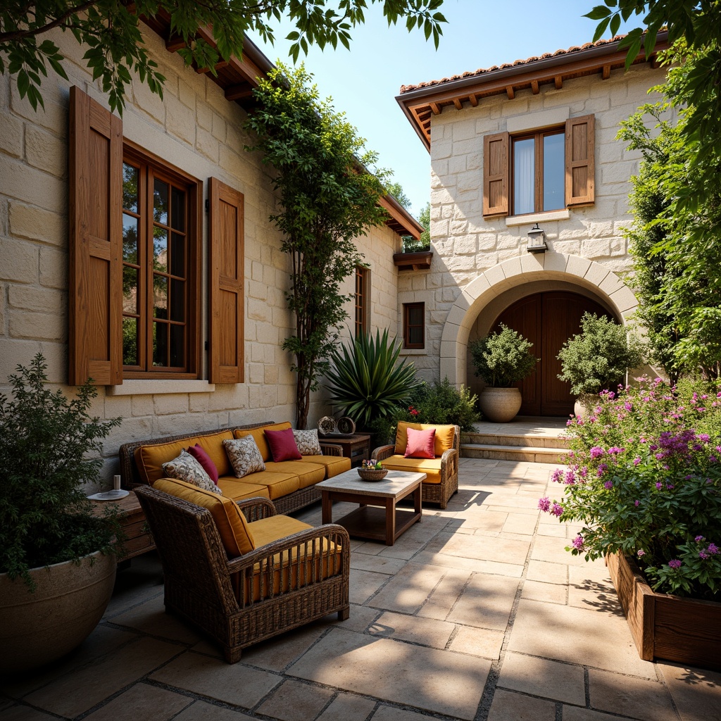 Prompt: Rustic villa, Mediterranean-style architecture, natural stone walls, wooden shutters, terracotta roof tiles, lush greenery, vibrant flowers, tranquil courtyard, antique furniture, ornate carvings, velvet upholstery, rich wood tones, intricate patterns, soft warm lighting, cozy ambiance, shallow depth of field, 1/1 composition, realistic textures, ambient occlusion.