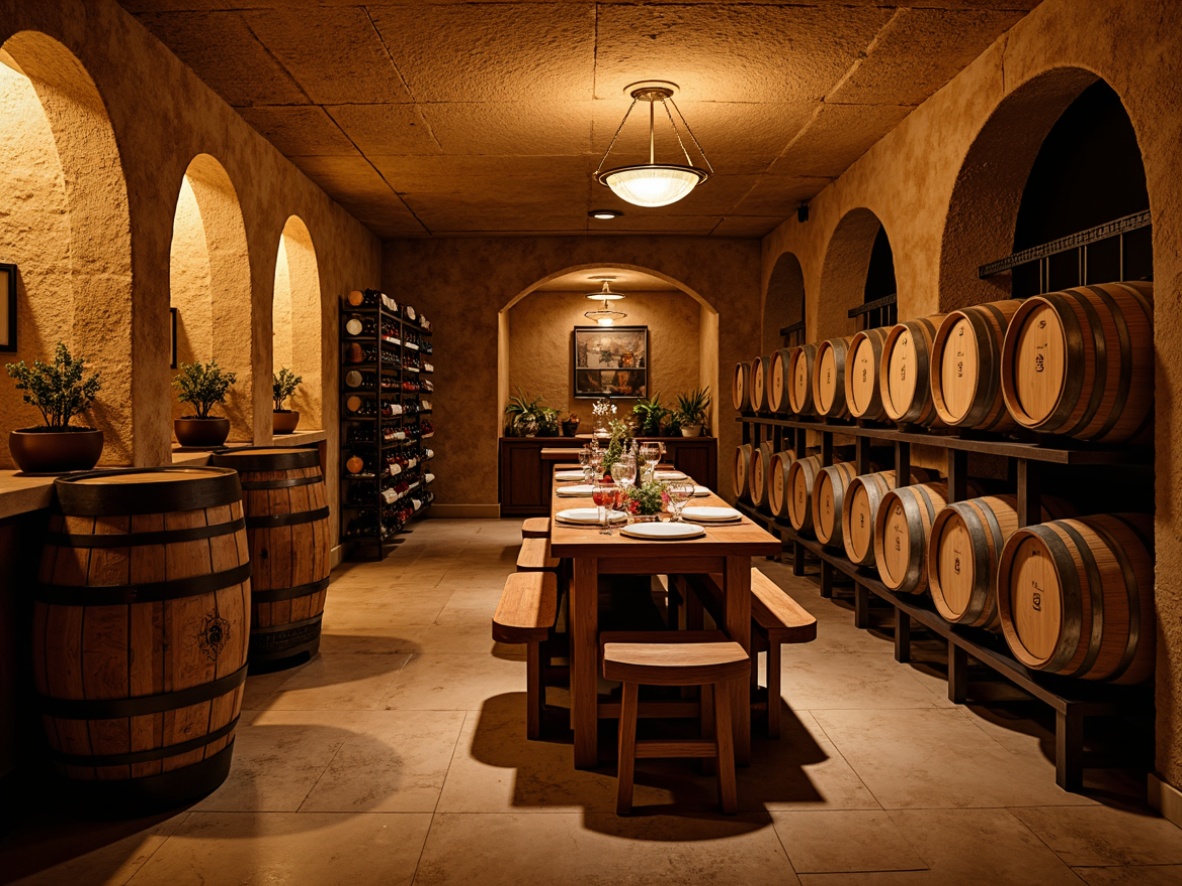 Prompt: Warm Mediterranean wine cellar, rustic stone walls, aged wooden barrels, dim warm lighting, soft golden glow, subtle shadows, elegant chandeliers, pendant lamps, LED strip lights, ambient backlighting, warm color temperature, cozy atmosphere, intimate setting, luxurious textures, rich wood accents, earthy tones, vintage wine bottles, ornate metalwork, curved archways, vaulted ceilings, dramatic spotlights, soft focus, shallow depth of field.