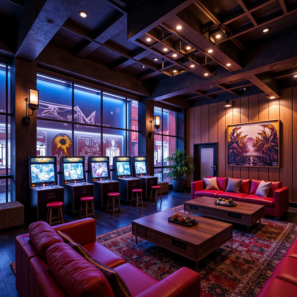 Prompt: Rich game room atmosphere, dark wood paneling, neon-lit arcade machines, comfortable plush sofas, vibrant color accents, industrial metal beams, exposed brick walls, dynamic LED lighting, 3D geometric patterns, graffiti-inspired murals, metallic silver finishes, high-gloss paint, textured concrete surfaces, abstract urban artwork, dramatic floor-to-ceiling drapes, cozy reading nooks, eclectic decorative collectibles.