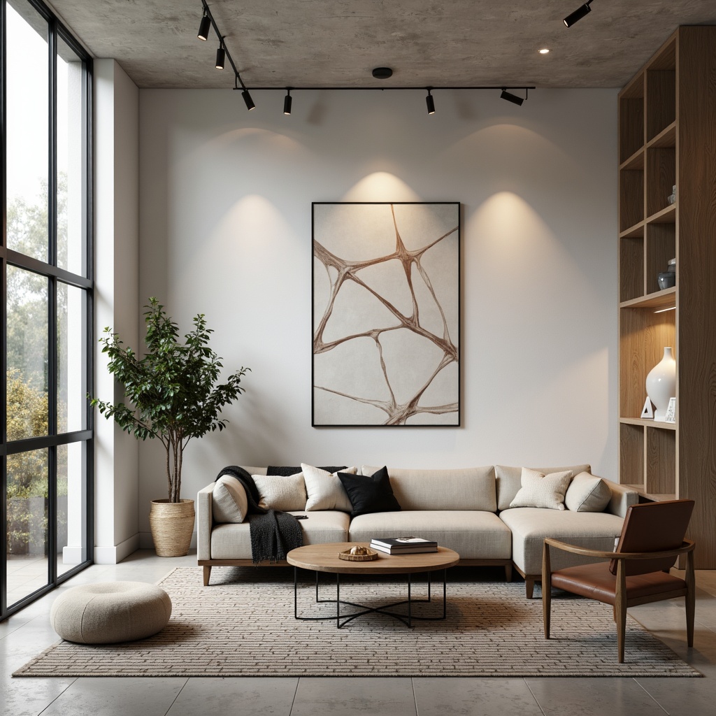 Prompt: Modern minimalist living room, sleek low-profile sofa, geometric-patterned rug, industrial-chic coffee table, Scandinavian-inspired wooden chairs, floor-to-ceiling windows, neutral color palette, soft warm lighting, 1/1 composition, realistic textures, ambient occlusion, natural materials, functional simplicity, clutter-free space, airy atmosphere, urban loft-style decor, abstract artwork, metallic accents, subtle patterns.