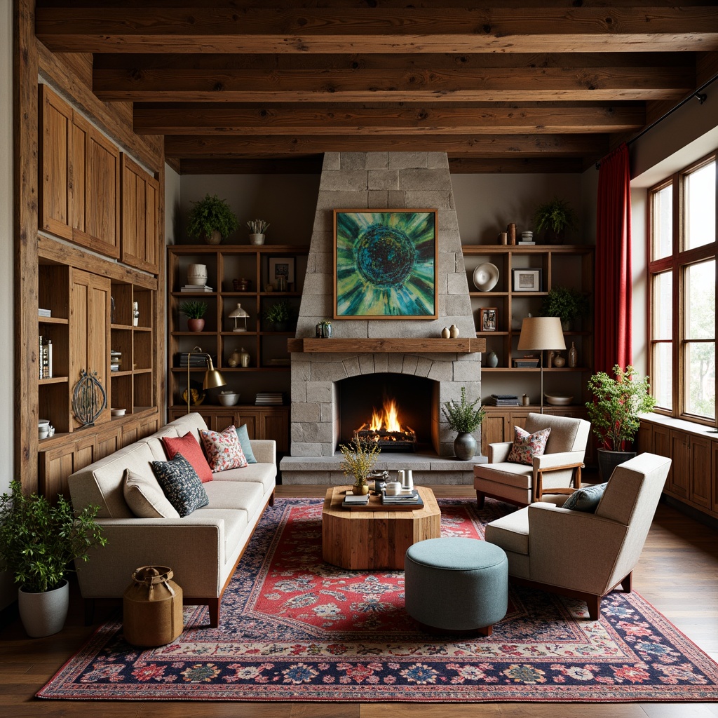 Prompt: Vintage armchairs, distressed wood coffee tables, eclectic patterned rugs, bold colorful throw pillows, mix-and-match ottomans, industrial metal floor lamps, abstract artwork, natural stone fireplaces, plush sectional sofas, vibrant velvet drapes, reclaimed wood shelves, bohemian-inspired textiles, warm ambient lighting, 1/2 composition, intimate cozy atmosphere.