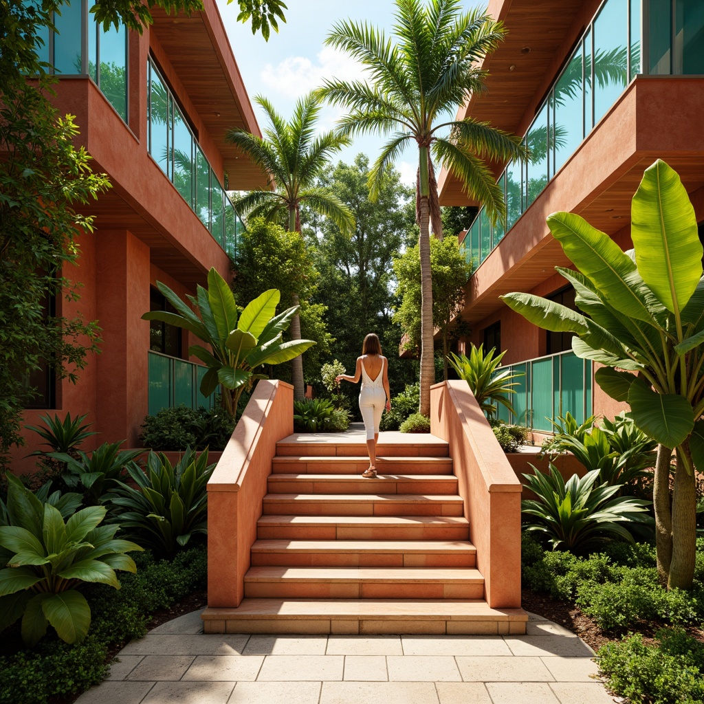 Prompt: Vibrant tropical staircase, exotic hardwood banisters, warm beige risers, rich mahogany treads, lush greenery walls, natural stone flooring, bright coral accents, turquoise glass railings, sunny yellow highlights, soft warm lighting, shallow depth of field, 1/1 composition, realistic textures, ambient occlusion.