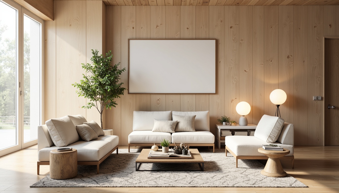 Prompt: Minimalist living room, natural wood accents, sleek low-profile sofas, creamy white upholstery, Nordic-inspired patterned rugs, industrial-chic metal coffee tables, geometric-shaped wooden side tables, modern floor lamps, soft warm lighting, 1/1 composition, realistic textures, ambient occlusion, airy atmosphere, plenty of negative space, functional simplicity, understated elegance.