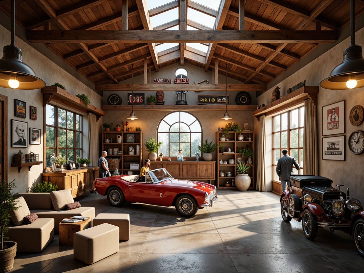 Prompt: Warm family garage, classic rustic style, exposed wooden beams, vintage metal signs, nostalgic automotive decorations, soft warm lighting, pendant lamps, industrial metal shades, LED strip lights under shelves, natural stone flooring, earthy tones, distressed wood accents, retro-style gas pumps, antique car models, cozy reading nooks, comfortable seating areas, abundant natural light, clerestory windows, rustic wooden crates, warm beige colors, soft shadows, 1/1 composition, realistic textures.