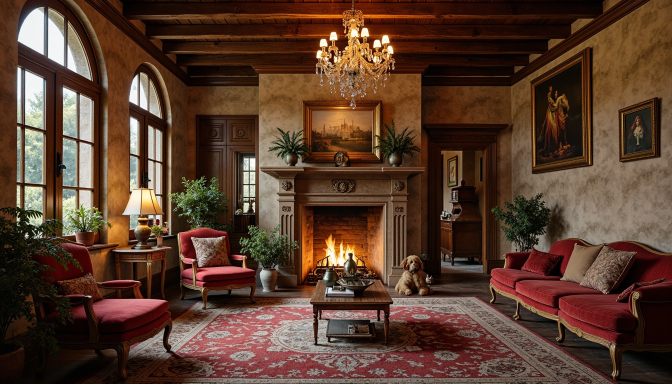 Prompt: Luxurious villa interior, rich wooden furnishings, ornate carvings, velvet upholstery, golden accents, crystal chandeliers, marble fireplaces, intricately patterned rugs, vintage artifacts, rustic stone walls, warm ambient lighting, soft focus photography, 1/2 composition, shallow depth of field, realistic textures, cozy atmosphere.