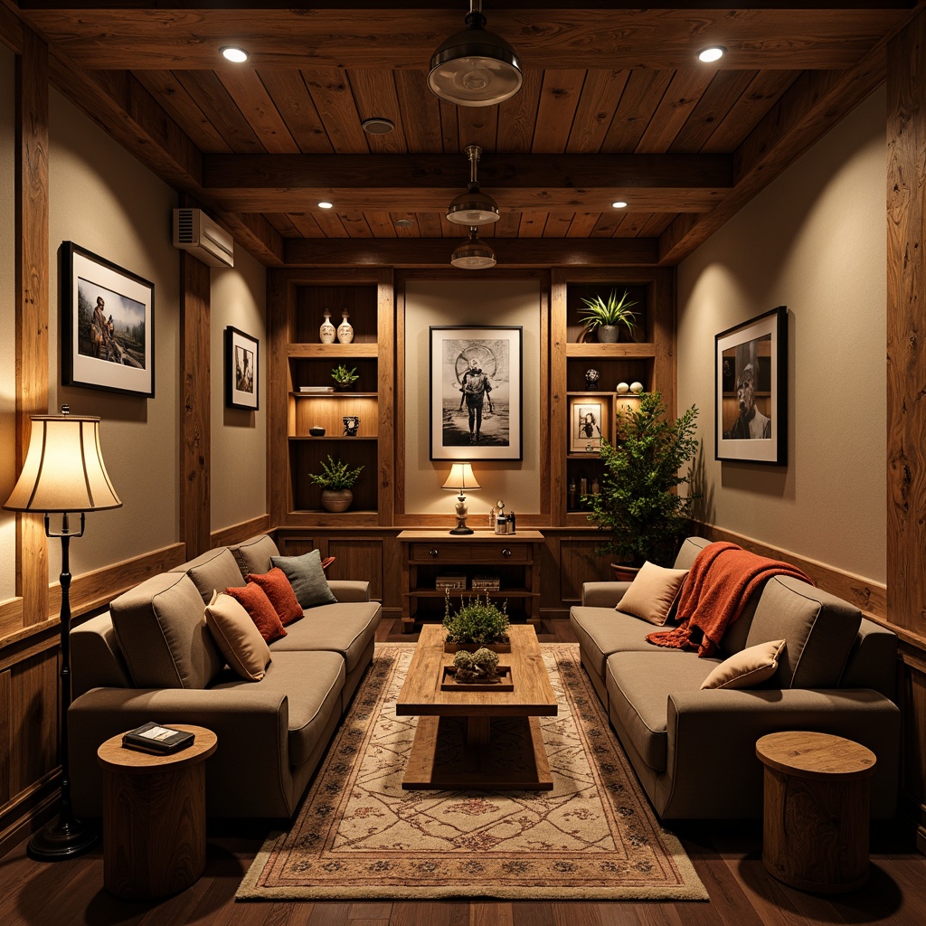 Prompt: Warm cinema interior, rustic craftsman style, wooden accents, comfortable seating, vintage film cameras, classic movie posters, dimmable table lamps, industrial metal shades, Edison bulb pendants, reclaimed wood walls, cozy throw blankets, plush area rugs, warm beige tones, soft box lighting, 1/1 composition, intimate atmosphere, realistic textures, ambient occlusion.