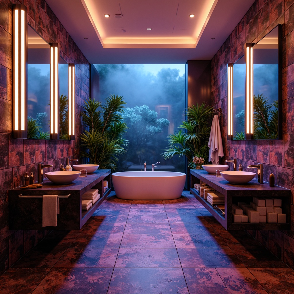 Prompt: Vibrant bathroom, bold color schemes, dynamic textures, glossy ceramics, iridescent glass tiles, metallic fixtures, matte black countertops, natural stone walls, LED lighting, ambient shadows, dramatic reflections, abstract patterns, ornate mirrors, futuristic sink designs, sleek faucet handles, rainfall showerheads, freestanding tubs, spa-inspired ambiance, tropical plant arrangements, misty atmospheric effects, cinematic composition, high-contrast color grading.