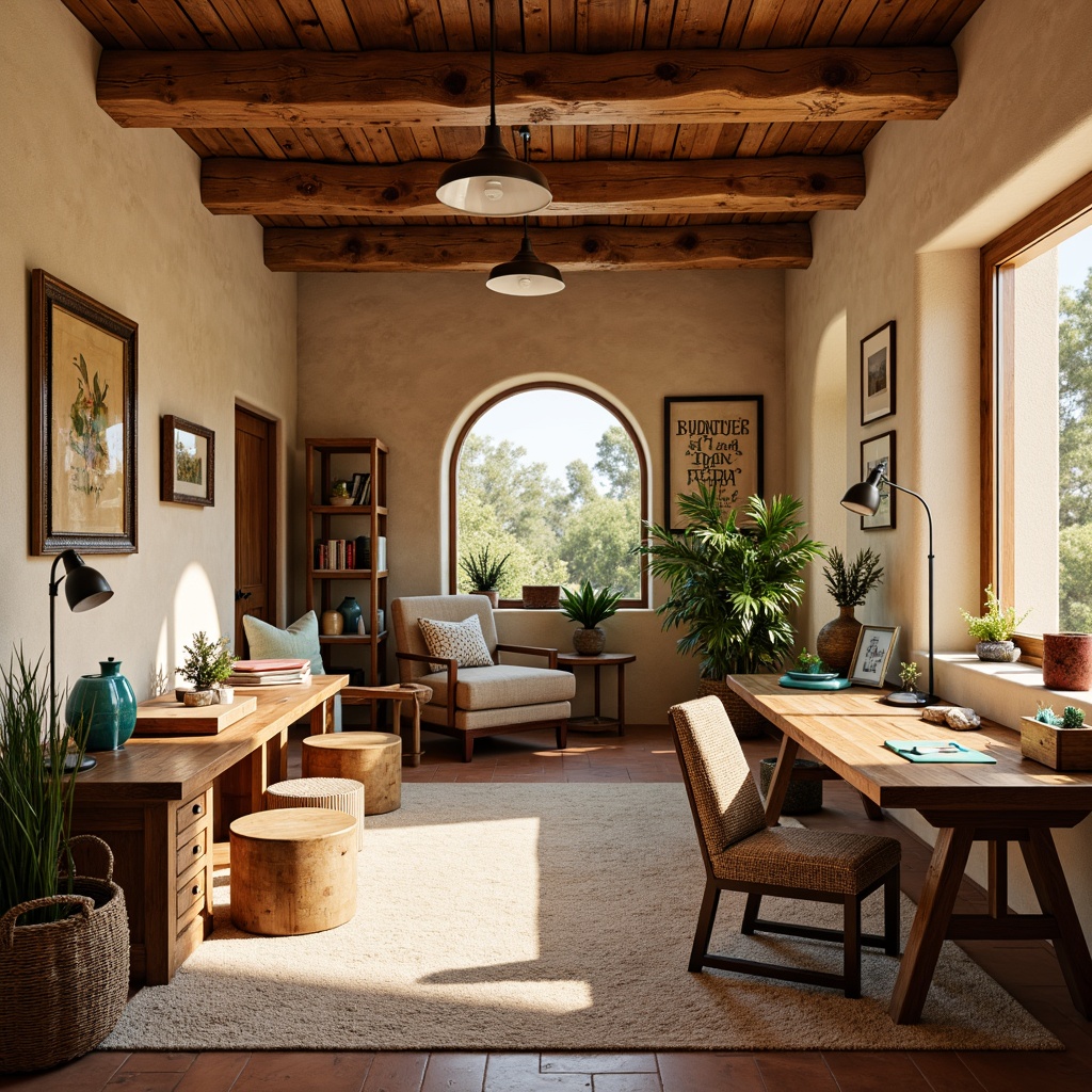 Prompt: Southwestern craft room, earthy tones, warm beige walls, wooden furniture, woven baskets, natural textiles, vibrant turquoise accents, rustic metal decor, pendant lighting, plush area rugs, cozy reading nook, built-in shelving, abundant storage, ergonomic workstations, task lamps, inspirational quotes, eclectic art pieces, cultural patterns, adobe-style architecture, warm sunny day, soft diffused lighting, shallow depth of field, 1/2 composition, realistic textures, ambient occlusion.