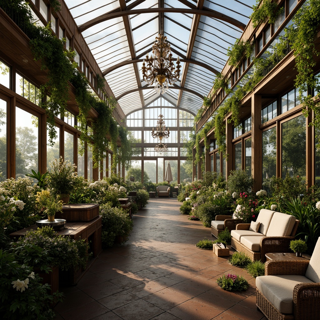 Prompt: Grand Victorian-style greenhouse, lush green foliage, exotic flowers, ornate metal frames, stained glass windows, warm natural light, softbox lighting, misty atmosphere, subtle shadows, intricate wooden accents, distressed finishes, vintage gardening tools, woven wicker furniture, plush velvet upholstery, opulent chandeliers, sparkling crystal prisms, morning dew, gentle sunlight, 1/2 composition, romantic ambiance, realistic plant textures, ambient occlusion.