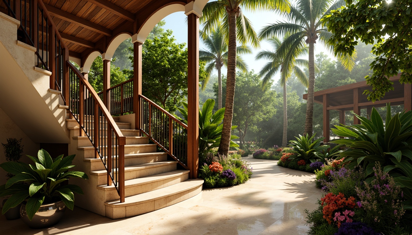 Prompt: Exotic tropical staircase, rich wooden handrails, ornate metal balusters, lush greenery surroundings, natural stone walls, warm beige marble floors, elegant curved lines, polished chrome accents, subtle ambient lighting, soft warm glow, 1/1 composition, shallow depth of field, realistic textures, atmospheric misting effects, vibrant colorful tropical flowers, palm tree silhouettes, sunny day, gentle breeze.