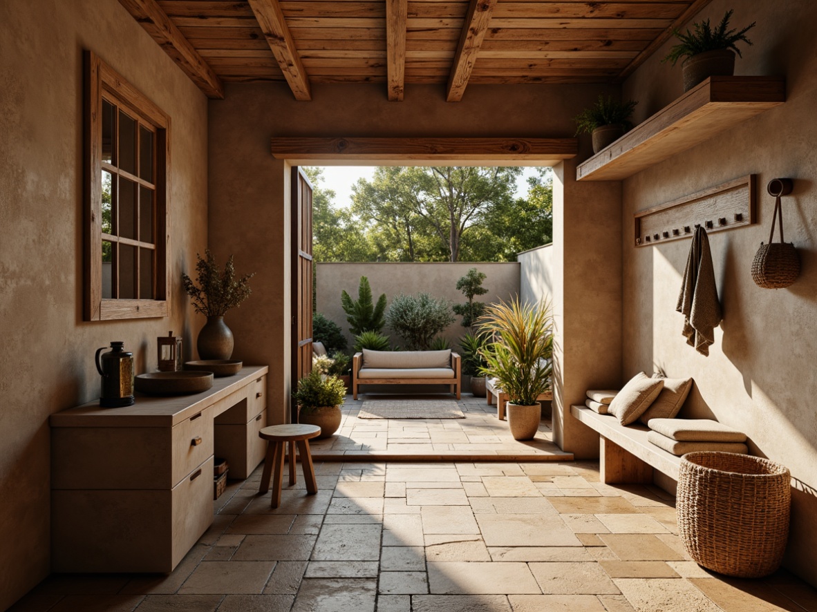 Prompt: Earthy mudroom, natural stone flooring, reclaimed wood accents, earthy brown walls, warm beige countertops, rustic metal decor, woven baskets, organic textiles, soft warm lighting, shallow depth of field, 3/4 composition, realistic textures, ambient occlusion.