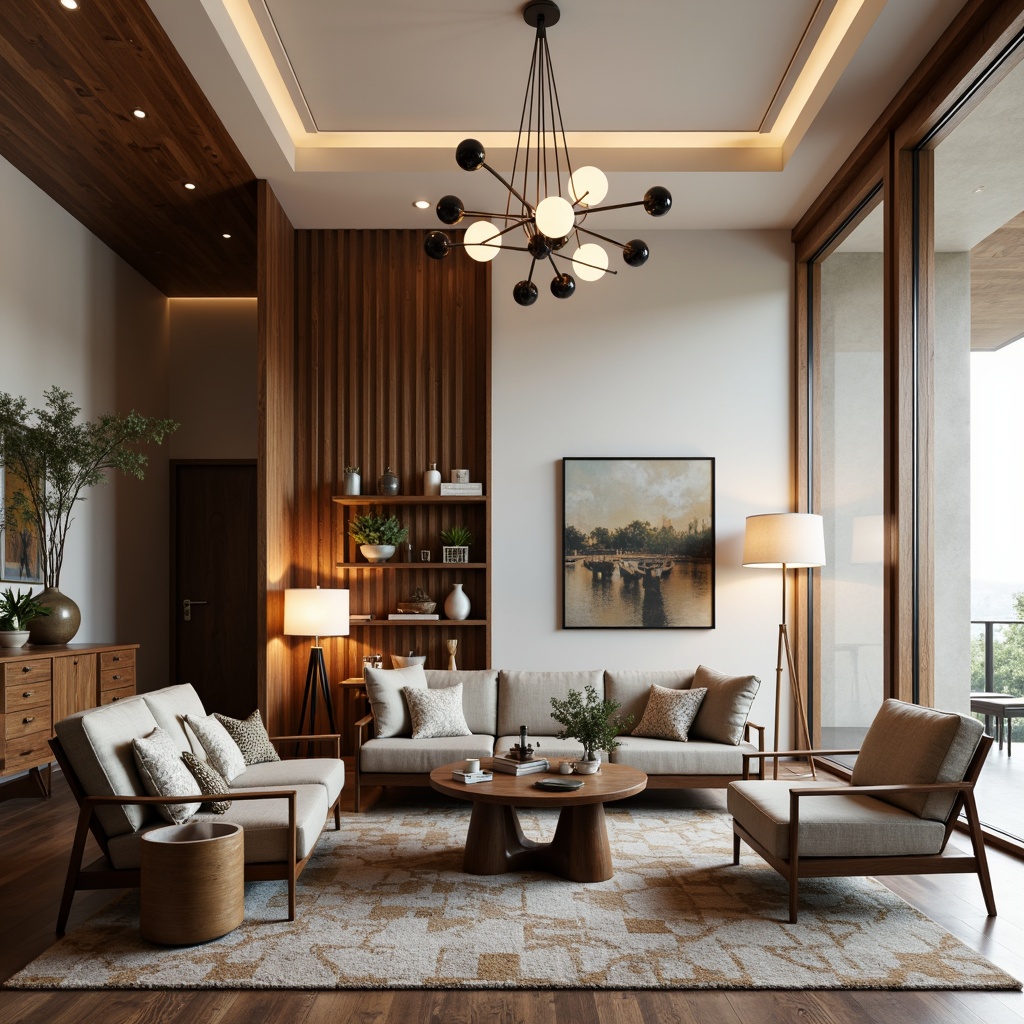 Prompt: Sleek mid-century modern living room, iconic Sputnik chandeliers, sculptural table lamps, globe pendants, minimalist floor lamps, natural linen shades, walnut wood accents, geometric patterned rugs, retro-inspired furniture, organic shapes, earthy tones, warm soft lighting, shallow depth of field, 1/1 composition, realistic textures, ambient occlusion.