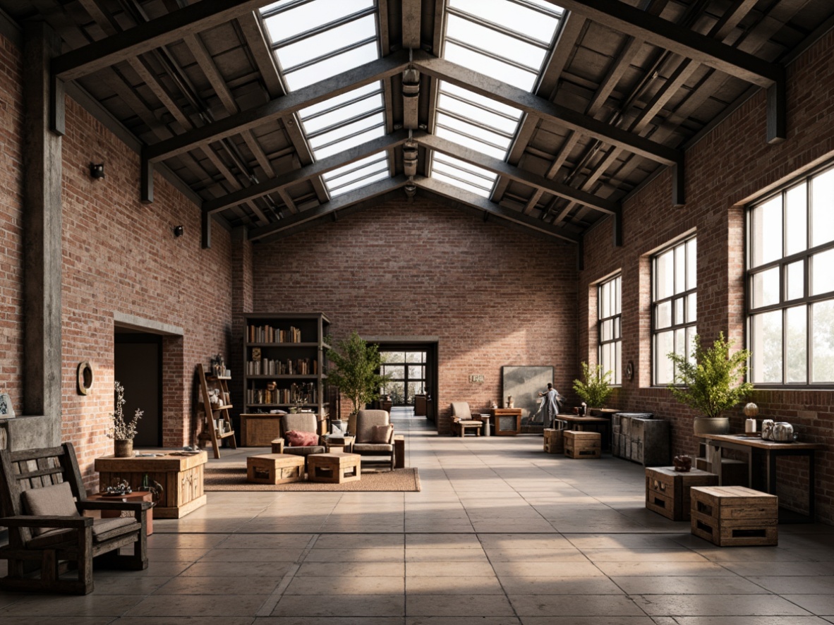 Prompt: Industrial warehouse interior, exposed brick walls, metal beams, wooden crates, natural light pouring through skylights, large windows, clerestory windows, rustic wooden floors, metal shelving units, vintage industrial equipment, minimalist decor, earthy color palette, warm atmosphere, soft diffused lighting, high ceilings, open space, 1/1 composition, realistic textures, ambient occlusion.