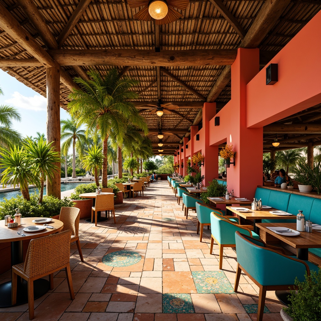 Prompt: Vibrant tropical restaurant interior, bright coral walls, lush greenery, exotic palm trees, colorful tiki torches, natural wood accents, woven rattan furniture, bold geometric patterns, vibrant turquoise chairs, warm golden lighting, shallow depth of field, 3/4 composition, panoramic view, realistic textures, ambient occlusion, sunny day, soft warm atmosphere, tropical island vibes, refreshing cocktails, appetizing seafood dishes.