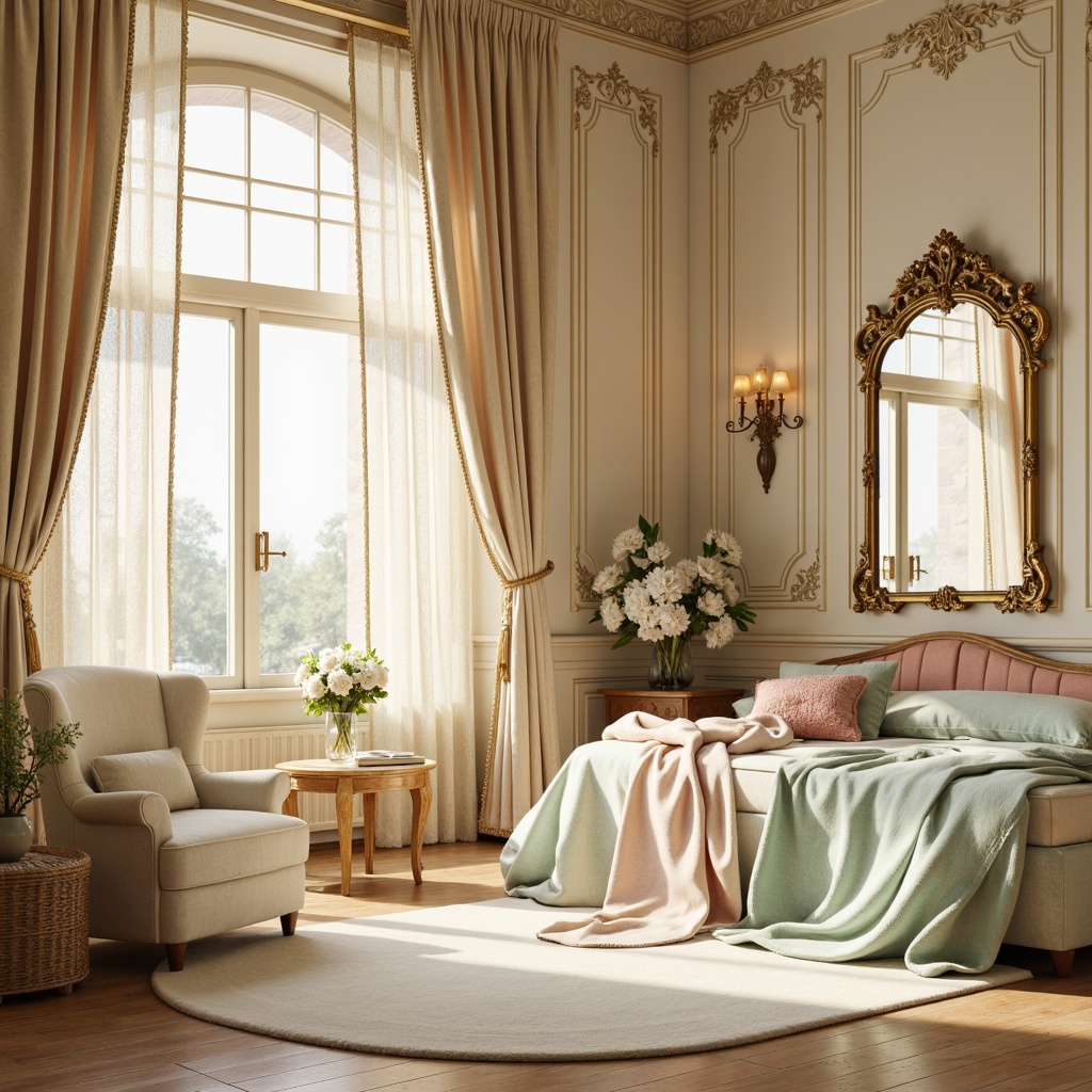 Prompt: Soft golden lighting, delicate ornate details, pastel color scheme, creamy whites, pale pinks, baby blues, mint greens, ivory accents, intricate patterns, floral motifs, curved lines, ornate mirrors, velvet textiles, luxurious fabrics, subtle sheen, warm beige tones, gentle color transitions, soft focus, 1/2 composition, romantic atmosphere, dreamy ambiance.