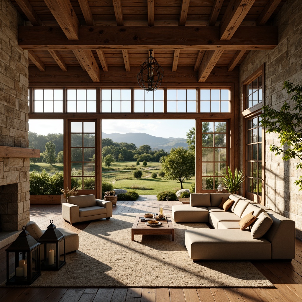 Prompt: Rustic farmhouse, open floor plan, high ceilings, exposed wooden beams, natural stone walls, reclaimed wood floors, vintage metal lanterns, cozy reading nooks, plush sectional sofas, oversized windows, sliding glass doors, panoramic countryside views, lush green pastures, rolling hills, sunny afternoon, warm soft lighting, shallow depth of field, 1/2 composition, realistic textures, ambient occlusion.