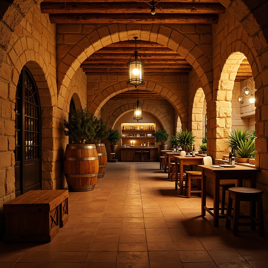 Prompt: Warm Mediterranean wine cellar, rustic stone walls, wooden barrels, dim soft lighting, warm golden tones, subtle shadows, ambient glow, lantern-style fixtures, wrought iron chandeliers, cozy nooks, intimate seating areas, rich wood accents, earthy terracotta floors, aromatic scents, vintage wine bottles, decorative arches, ornate metalwork, warm color palette, dramatic ceiling heights, soft focus, shallow depth of field, 1/1 composition.