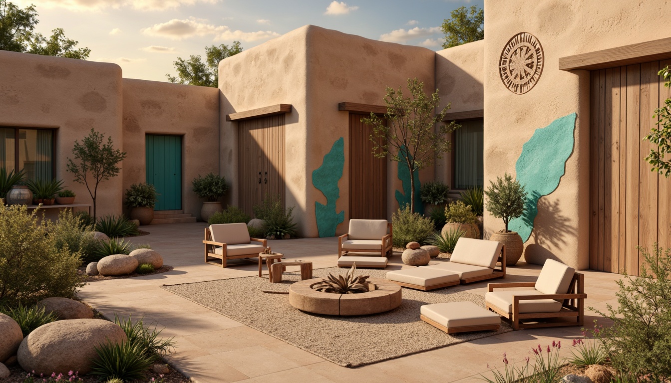 Prompt: Earthy adobe walls, rustic stucco finishes, sandy beige textures, weathered wooden accents, vibrant turquoise hues, geometric tribal patterns, natural stone inlays, woven basket-inspired designs, distressed leather elements, desert botanical illustrations, warm sunset lighting, shallow depth of field, 1/1 composition, realistic materials, ambient occlusion.