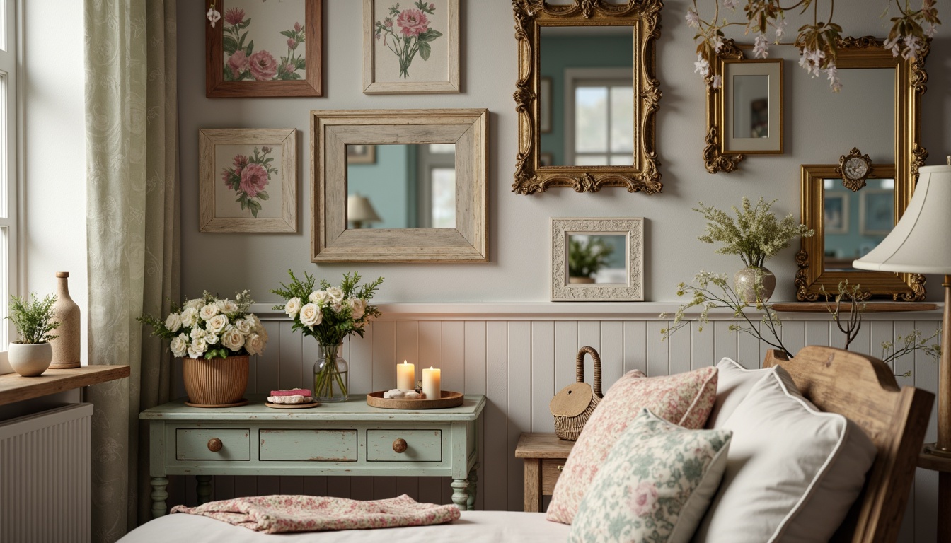 Prompt: Distressed wooden frames, soft pastel colors, vintage floral patterns, lace trim, ornate mirrors, distressed finishes, antique furniture pieces, linen fabrics, natural textures, warm candlelight, gentle shadows, shallow depth of field, 1/1 composition, intimate view, realistic rendering, ambient occlusion.