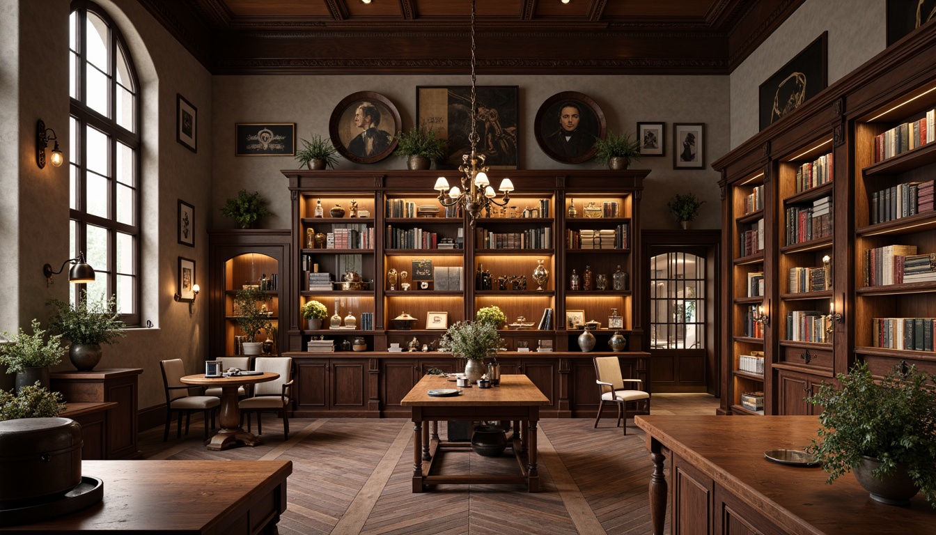 Prompt: Elegant laboratory interior, wooden workbenches, antique bronze fixtures, vintage scientific instruments, leather-bound tomes, ornate wooden cabinets, classic pedestal tables, rich walnut paneling, sophisticated glassware, traditional microscope stations, refined metal shelving, soft warm lighting, shallow depth of field, 2/3 composition, realistic textures, ambient occlusion.