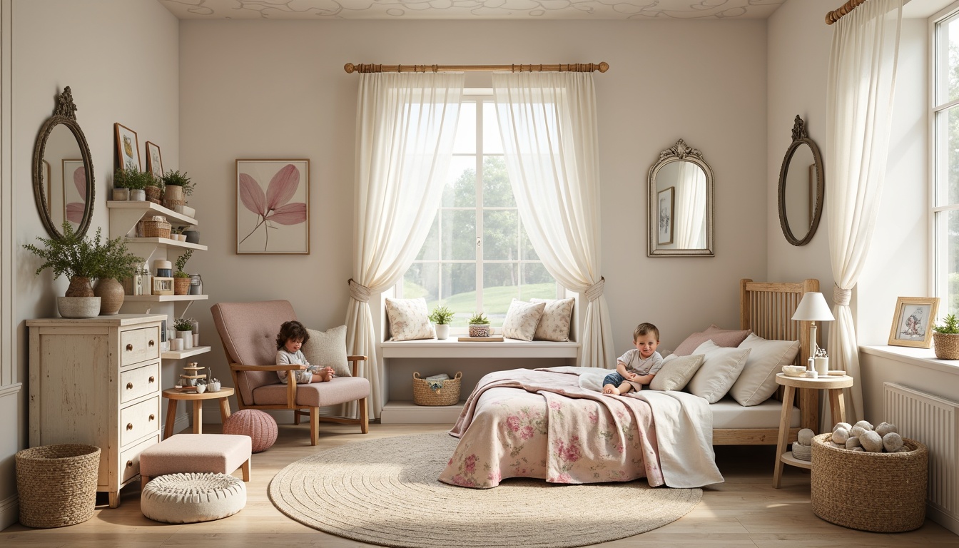 Prompt: Whimsical kid's room, soft pastel colors, distressed wood furniture, vintage decorative accents, floral patterns, ruffled curtains, natural textiles, woven baskets, creamy whites, warm beige tones, rustic wooden crates, antique hardware, ornate mirrors, feminine touches, delicate trims, romantic ambiance, cozy reading nooks, inviting window seats, dreamy cloud-inspired ceiling designs, gentle diffused lighting, 1/1 composition, intimate atmosphere.