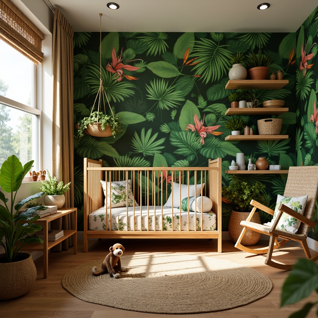 Prompt: Tropical jungle nursery, exotic wood furniture, woven rattan crib, natural fiber rug, leaf-patterned bedding, colorful tropical flowers, vibrant green walls, sunny warm lighting, 1/1 composition, soft focus blur, realistic textures, ambient occlusion, wooden mobile with tropical birds, plush toy monkeys, wicker rocking chair, hanging macrame planters, natural linen curtains, woven basket storage, bamboo shelving units.