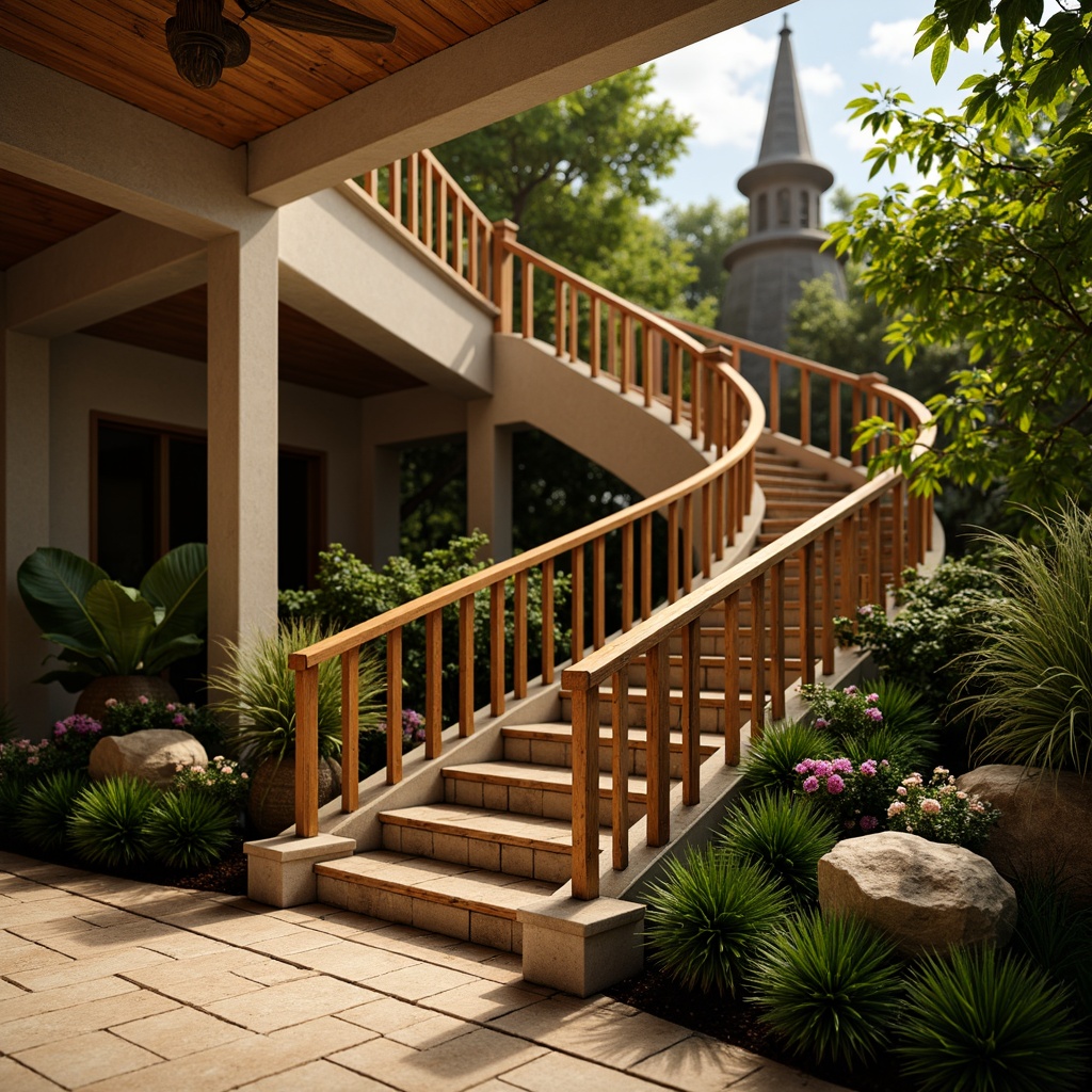 Prompt: Rich tropical hardwood handrails, ornate metal balusters, lush greenery, exotic flowers, natural stone steps, curved staircases, warm golden lighting, shallow depth of field, 3/4 composition, panoramic view, realistic textures, ambient occlusion, polished wooden treads, intricate carvings, rustic rope details, woven rattan accents, vibrant colorful textiles, tropical leaf patterns.