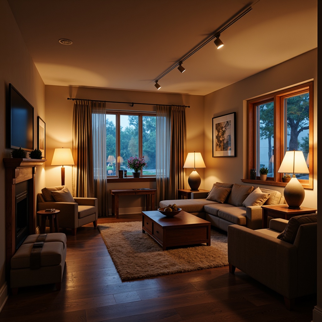 Prompt: Cozy living room, warm ambient lighting, floor lamps, table lamps, soft glow, relaxing atmosphere, comfortable seating, wooden furniture, plush carpets, neutral color palette, large windows, natural daylight, sheer curtains, gentle breeze, 1/1 composition, shallow depth of field, realistic textures, ambient occlusion.