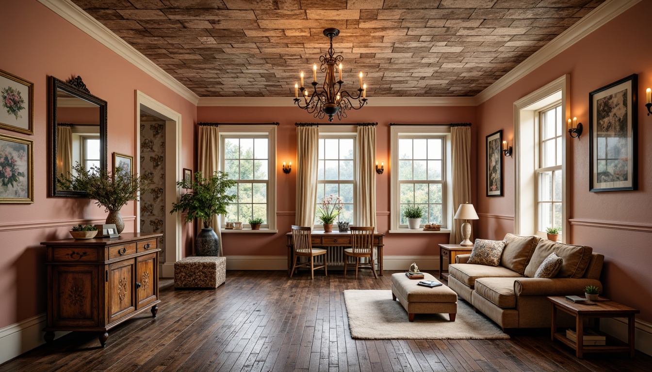 Prompt: Distressed wooden planks, vintage metal signs, soft peach-colored walls, floral patterned wallpaper, ornate mirrors, rustic brick textures, elegant chandeliers, creamy white trim, linen drapes, natural fiber rugs, antique furniture pieces, worn leather upholstery, distressed wood floors, warm candlelight, cozy reading nooks, 1/1 composition, soft focus, warm color palette.