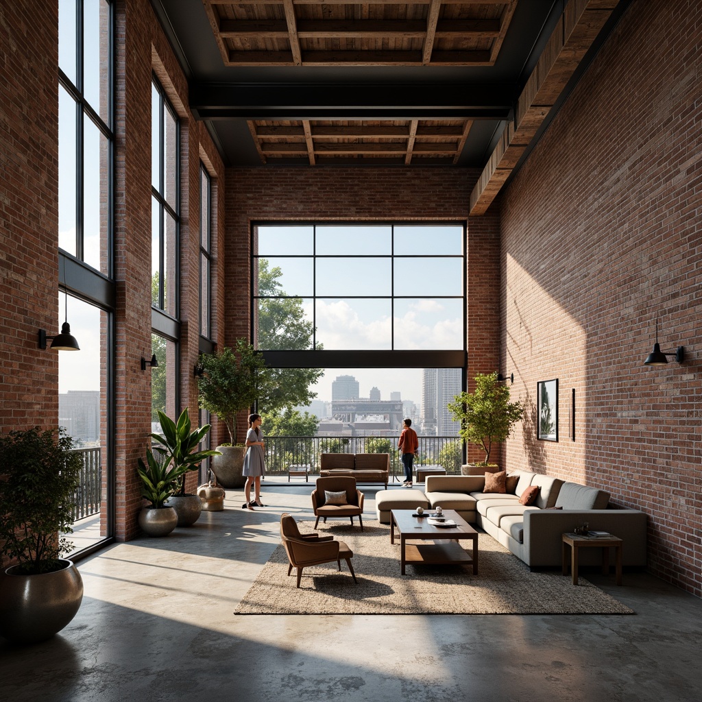 Prompt: Exposed brick walls, polished concrete floors, industrial metal beams, reclaimed wood accents, open concept living area, modern minimalist furniture, eclectic art pieces, abundant natural light, floor-to-ceiling windows, sliding glass doors, urban cityscape views, neutral color palette, distressed textures, vintage decorative items, cozy reading nooks, plush area rugs, pendant lighting fixtures, functional shelving units, flexible workspace zones, collaborative seating areas, atmospheric ambiance, warm soft lighting, shallow depth of field, 2/3 composition, realistic renderings, ambient occlusion.