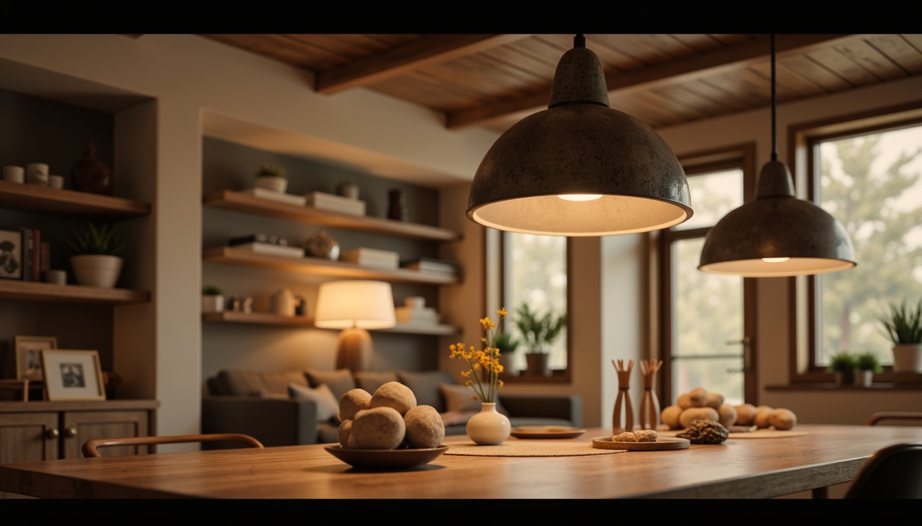 Prompt: Mid-century modern interior, retro-inspired lighting fixtures, sleek metal shades, rounded lamp bodies, warm ambient glow, soft diffused light, wooden accents, natural textiles, organic shapes, earthy tones, minimalist decor, functional simplicity, cozy atmosphere, 1/1 composition, shallow depth of field, realistic textures, subtle shadows.