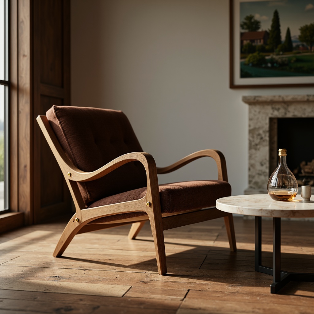 Prompt: Elegant lounge chair, curved wooden legs, plush velvet upholstery, golden metal accents, minimalist coffee table, geometric marble top, rustic wooden floor, soft warm lighting, cozy atmosphere, 1/1 composition, shallow depth of field, realistic textures, ambient occlusion.