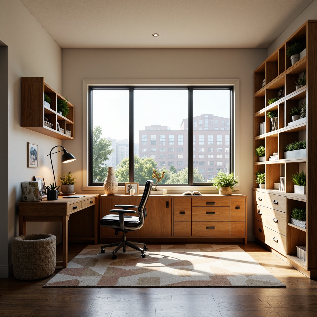 Prompt: Minimalist dorm room, mid-century modern furniture, wooden desk, Eames chair, geometric patterned rug, neutral color palette, natural textiles, functional shelving units, industrial metal lamps, greenery accents, oversized windows, abundant natural light, soft warm glow, shallow depth of field, 1/2 composition, realistic textures, ambient occlusion.