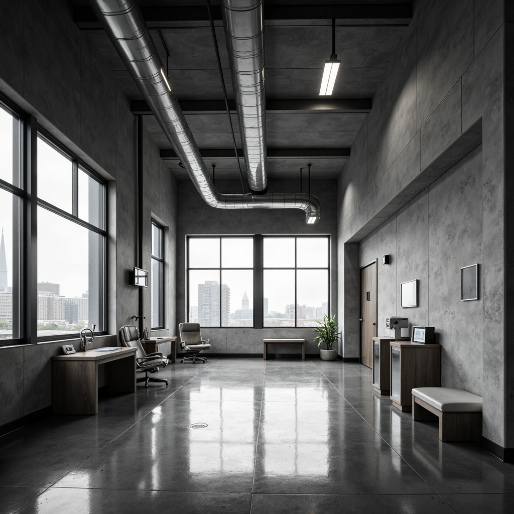 Prompt: Monochromatic clinic interior, brutalist architecture, raw concrete walls, exposed ductwork, industrial-style lighting, minimalist decor, functional furniture, stainless steel equipment, sterile atmosphere, natural light pouring through large windows, subtle color palette, clean lines, rectangular forms, urban landscape views, overcast sky, soft indirect lighting, shallow depth of field, 2/3 composition, cinematic perspective, realistic textures, ambient occlusion.