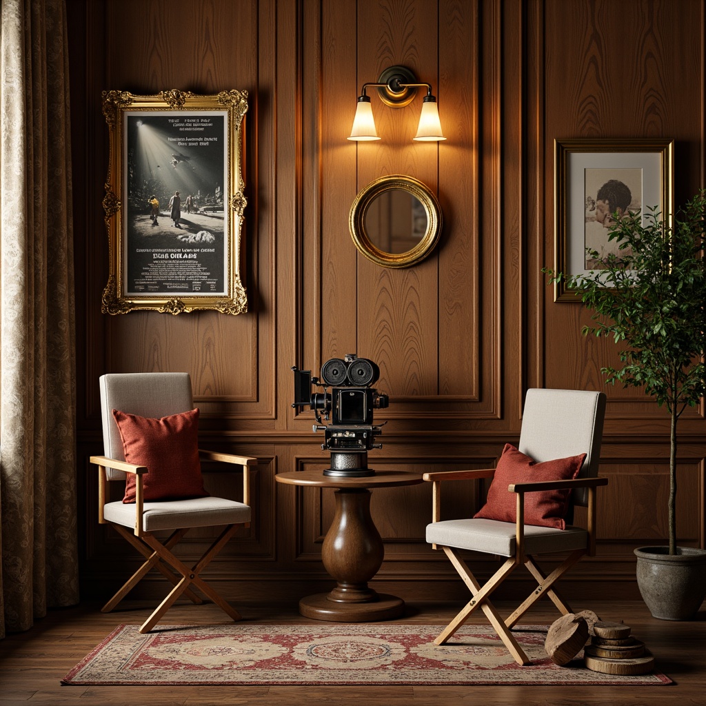 Prompt: Warm, earthy tones, wooden textures, vintage cameras, film reels, director's chairs, classic movie posters, ornate golden frames, softbox lighting, cinematic compositions, 2.35