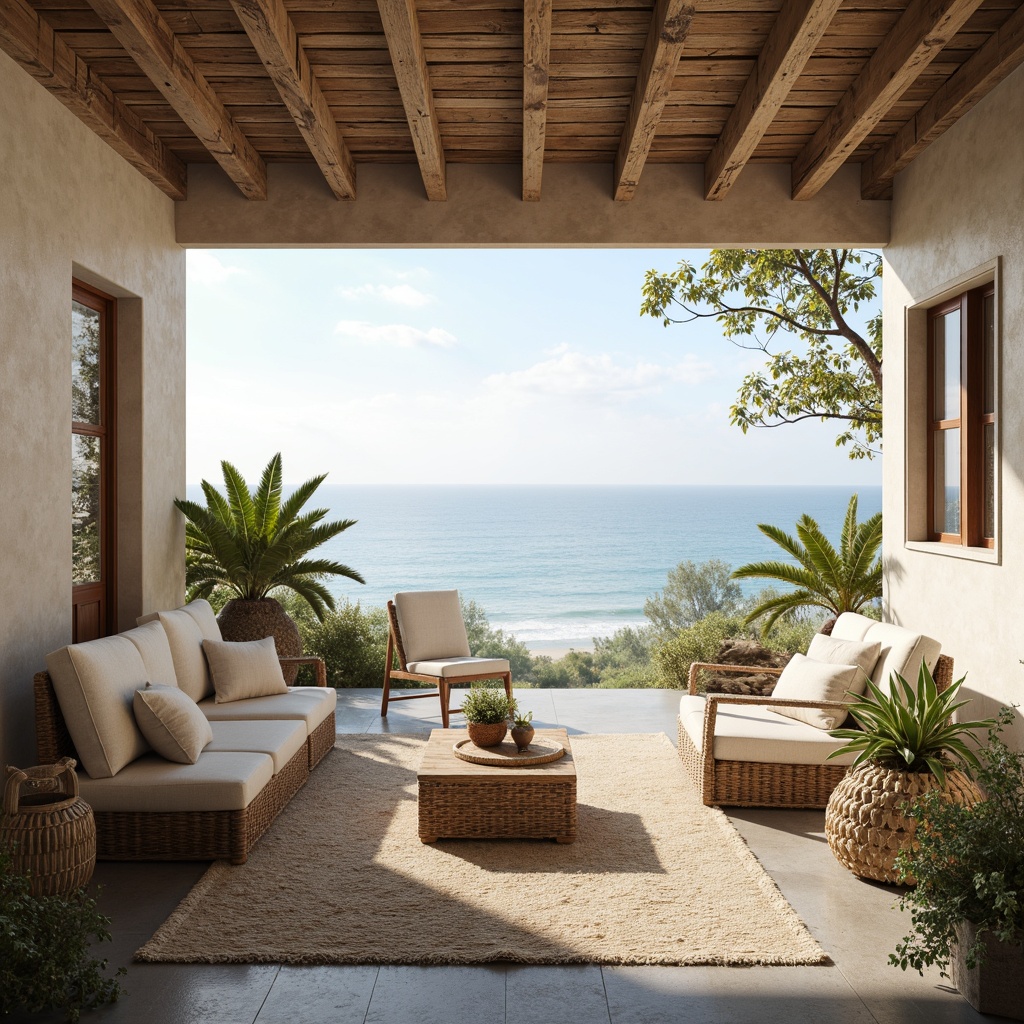 Prompt: Soothing coastal ambiance, calming ocean views, weathered driftwood accents, sandy beige walls, sea-salt air, misty morning light, soft blue-green hues, creamy whites, warm wood tones, natural linen fabrics, woven rattan furniture, potted succulents, rustic nautical ropes, distressed metal decor, serene beachscapes, gentle waves, 1/1 composition, atmospheric perspective, realistic textures, subtle color grading.