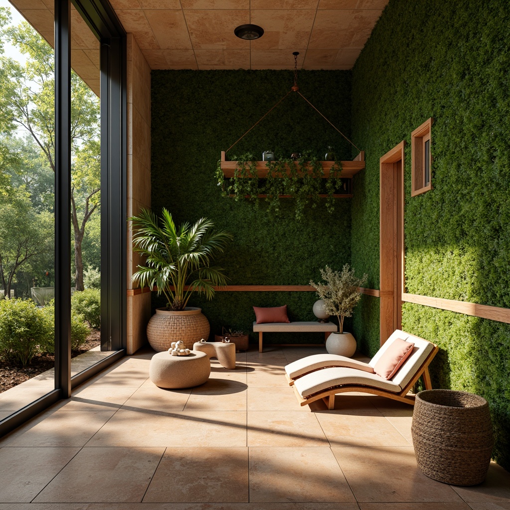 Prompt: Moss green walls, natural stone accents, earthy terracotta floors, wooden furniture, woven textiles, organic shapes, soft warm lighting, shallow depth of field, 3/4 composition, panoramic view, realistic textures, ambient occlusion, lush foliage, serene atmosphere, calming ambiance, gentle color transitions, soothing hues, balanced contrasts, subtle gradations.