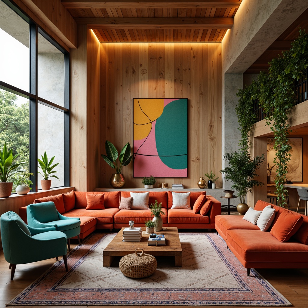 Prompt: Vibrant living room, bold color scheme, warm golden lighting, rich wood accents, plush velvet furniture, soft pastel hues, eclectic patterned rugs, metallic gold decor, statement artwork, natural stone walls, lush greenery, abstract geometric shapes, 3D visual effects, cinematic mood lighting, shallow depth of field, panoramic view.