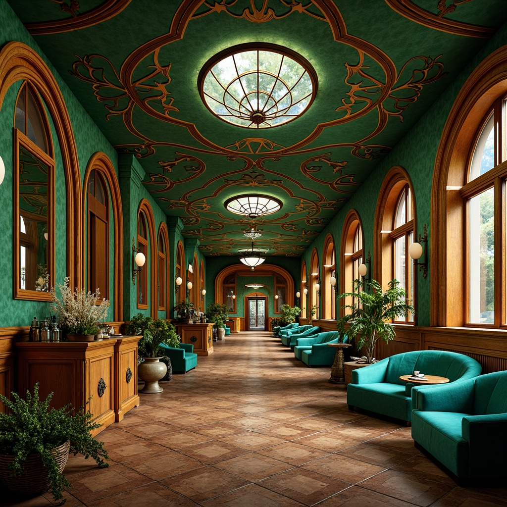 Prompt: Richly ornamented Art Nouveau interior, sinuous lines, flowing curves, organic shapes, jewel-toned colors, emerald green walls, turquoise accents, amber lighting, warm golden wood tones, velvety soft furnishings, intricate metalwork, ornate mirrors, lavish textiles, botanical patterns, whimsical illustrations, dreamy atmosphere, soft focus, shallow depth of field, 1/1 composition, intimate close-up shots, realistic materials, ambient occlusion.